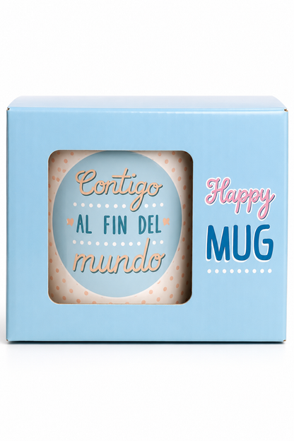 Tazón Happydays “Contigo al Fin del Mundo” – Regalo Romántico Ideal para Parejas y Personas Especiales