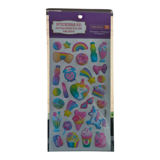 Happydays Stickers 3D de Unicornio y Dulces para Decorar Cuadernos, Agendas y Manualidades | Adhesivos en Relieve Coloridos