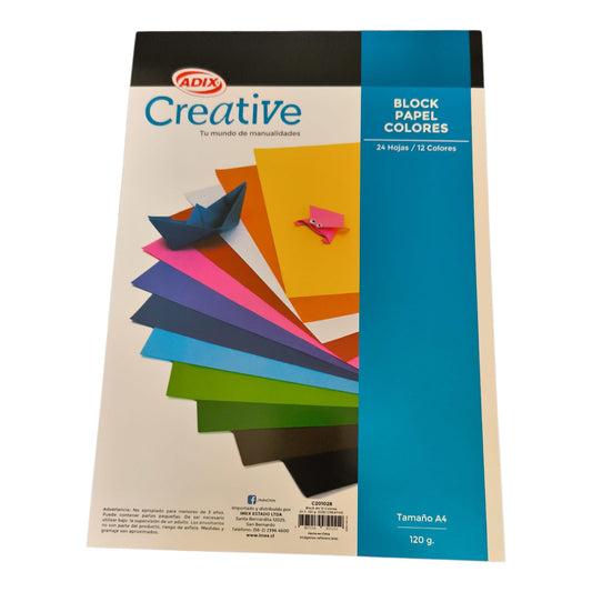 ADIX Block Papel Colores A4 para Origami, Manualidades, Decoración y Proyectos Escolares 24 Hojas 12 Colores