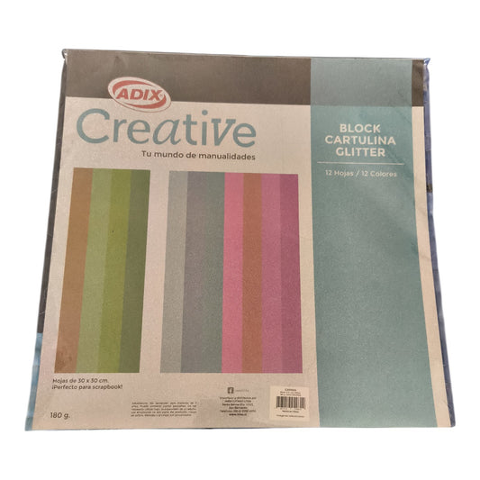 ADIX Block Cartulina Glitter para Scrapbook, Manualidades y Decoraciones Creativas 12 Hojas 12 Colores