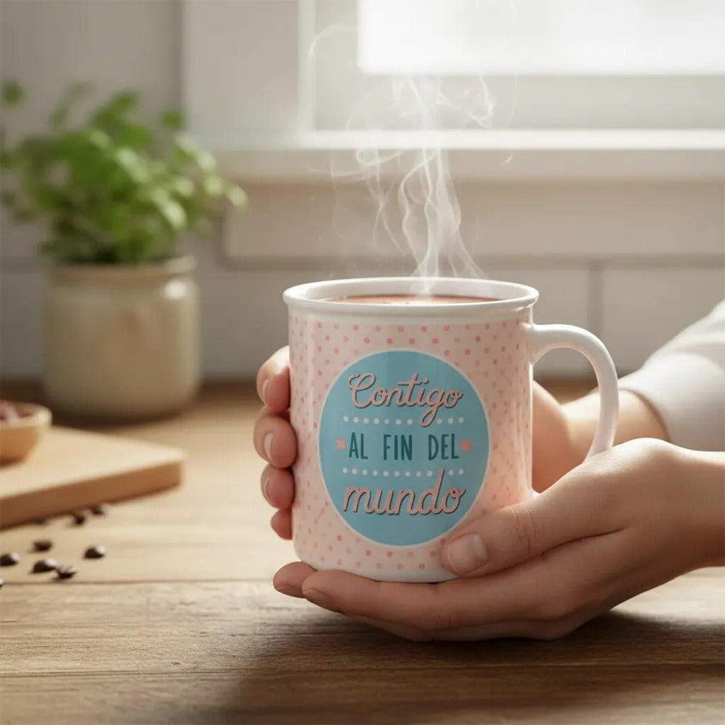 Tazón Happydays “Contigo al Fin del Mundo” – Regalo Romántico Ideal para Parejas y Personas Especiales