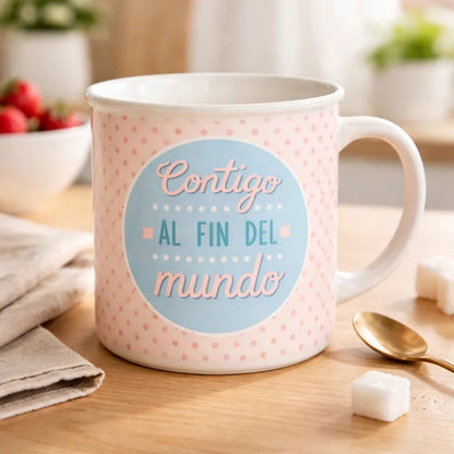 Tazón Happydays “Contigo al Fin del Mundo” – Regalo Romántico Ideal para Parejas y Personas Especiales